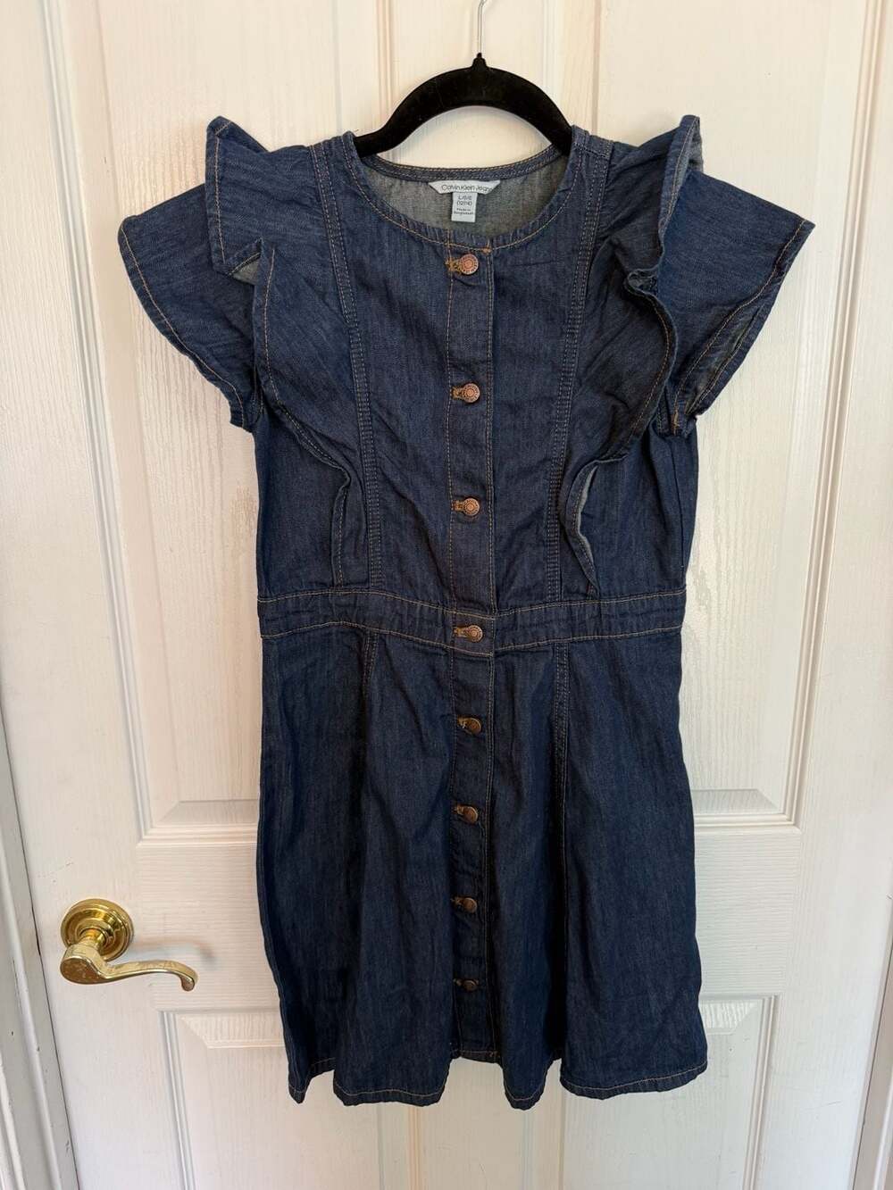 Calvin Klein Jeans Girls Blue Denim Ruffle Sleeve Button Down Dress Size 12/14